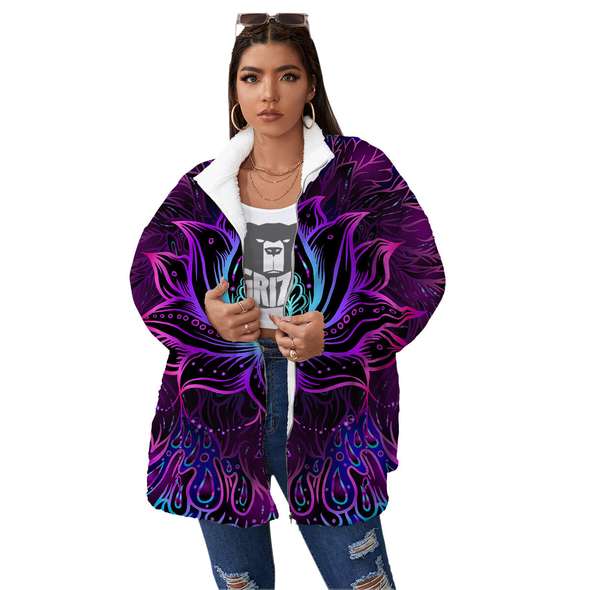 Lotus Boho Spiritual Print Women's Sherpa Jacket-grizzshop
