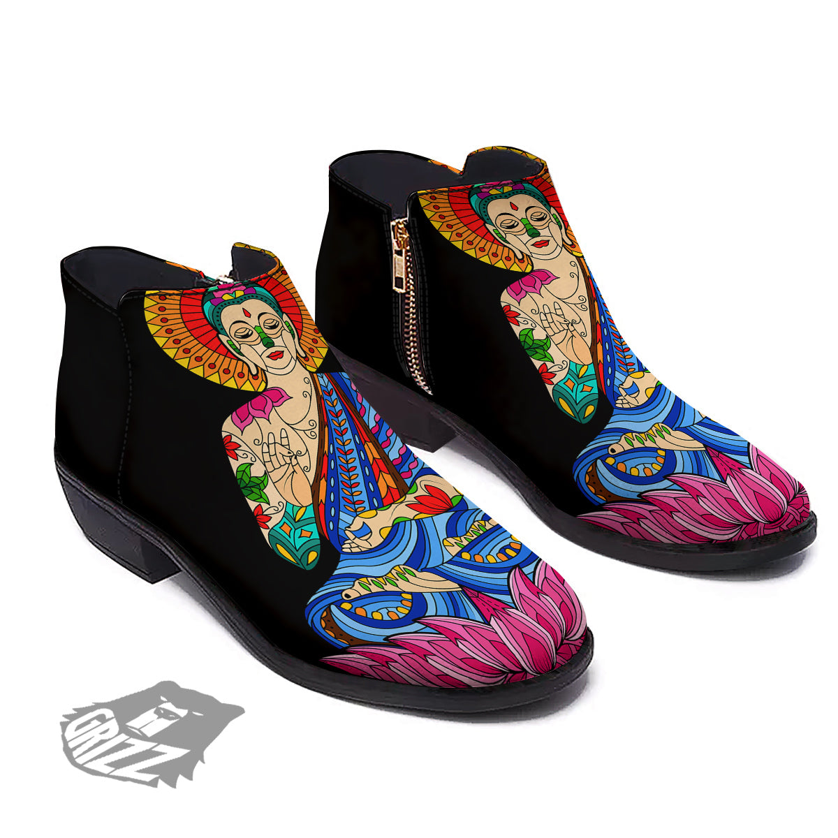 Lotus Buddha Colorful Print Ankle Boots-grizzshop