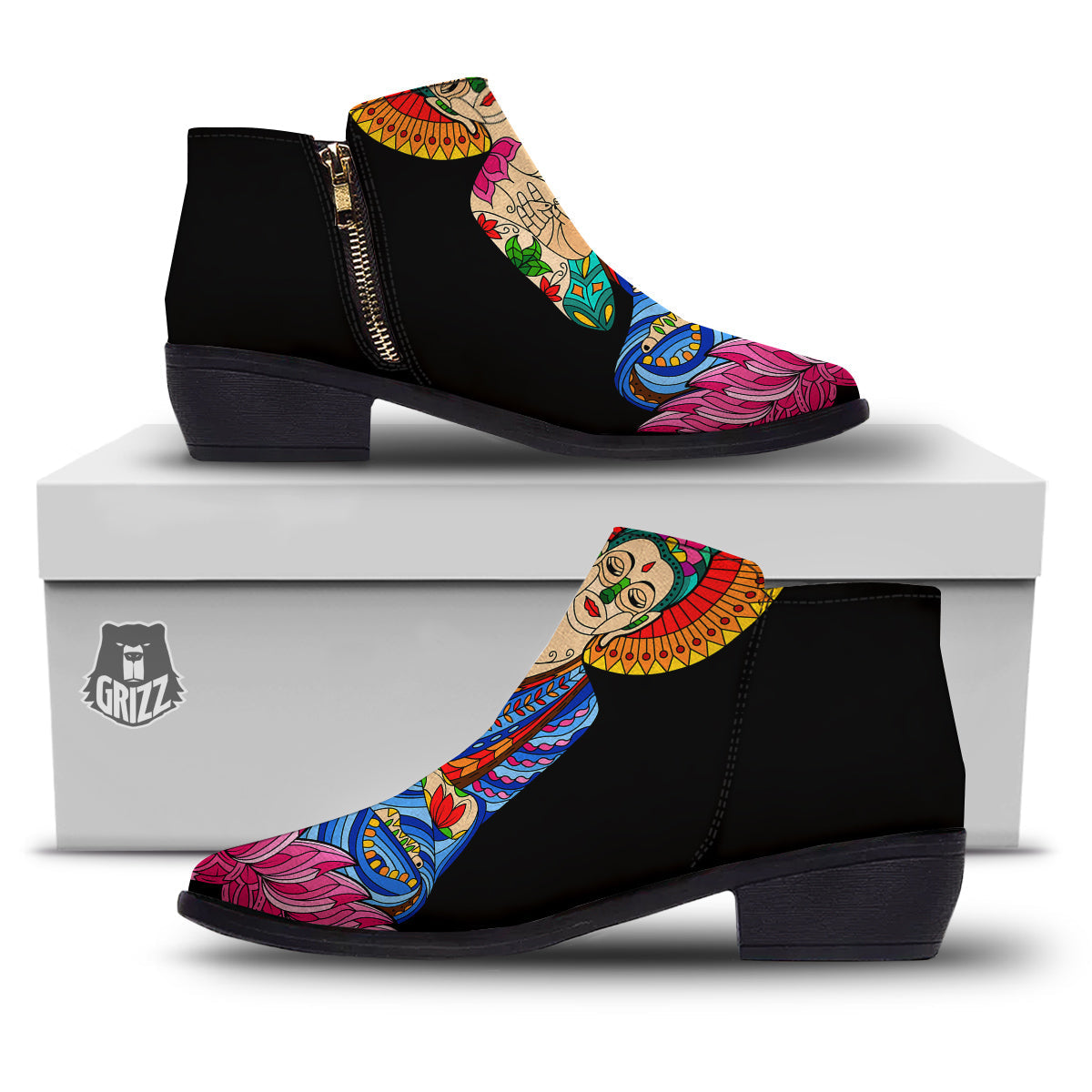 Lotus Buddha Colorful Print Ankle Boots-grizzshop