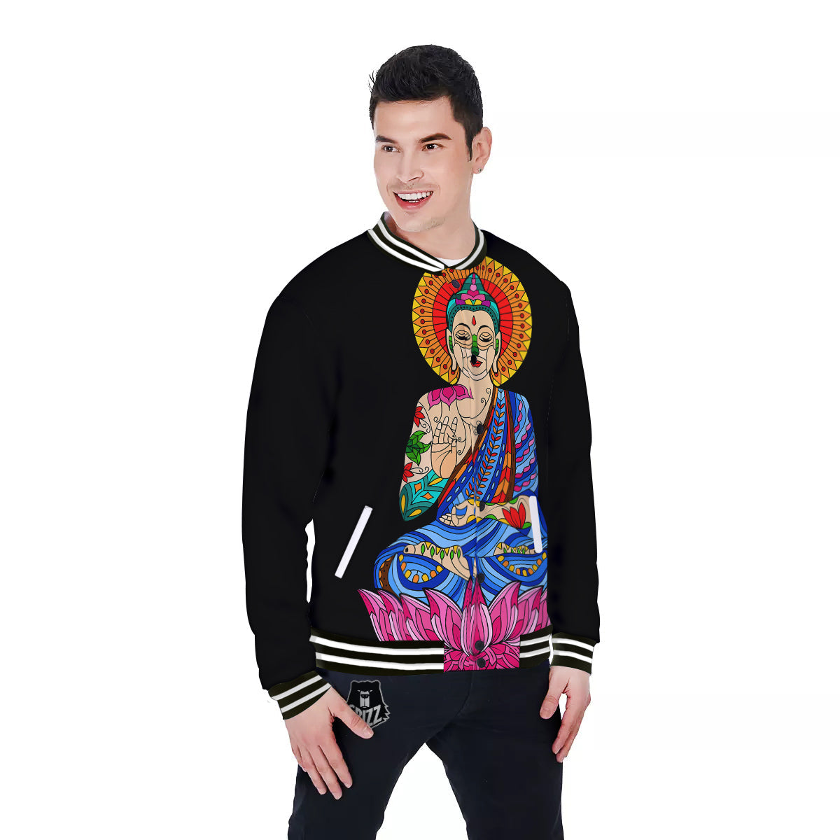 Lotus Buddha Colorful Print Baseball Jacket-grizzshop