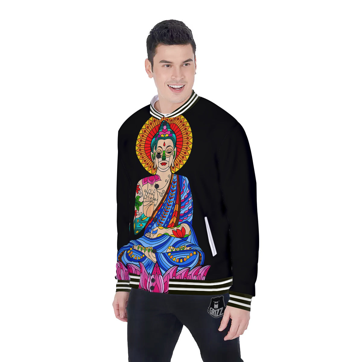 Lotus Buddha Colorful Print Baseball Jacket-grizzshop