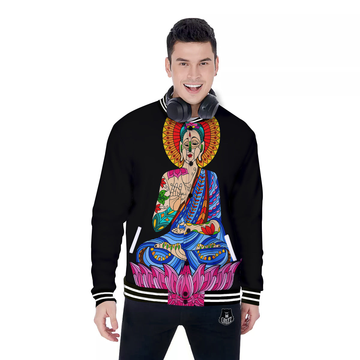 Lotus Buddha Colorful Print Baseball Jacket-grizzshop