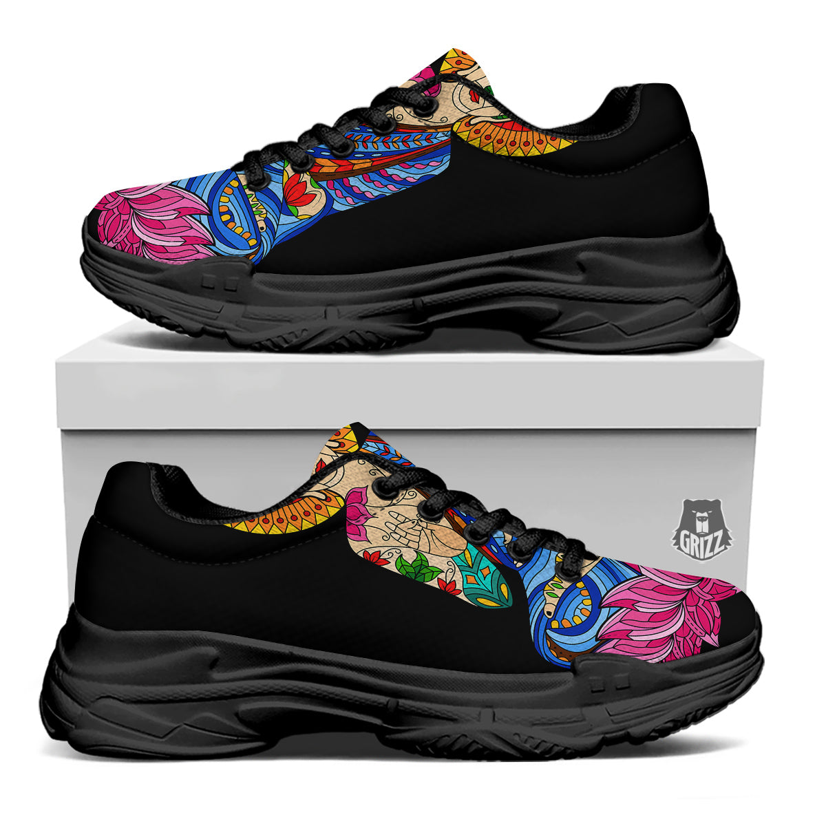 Lotus Buddha Colorful Print Black Chunky Shoes-grizzshop