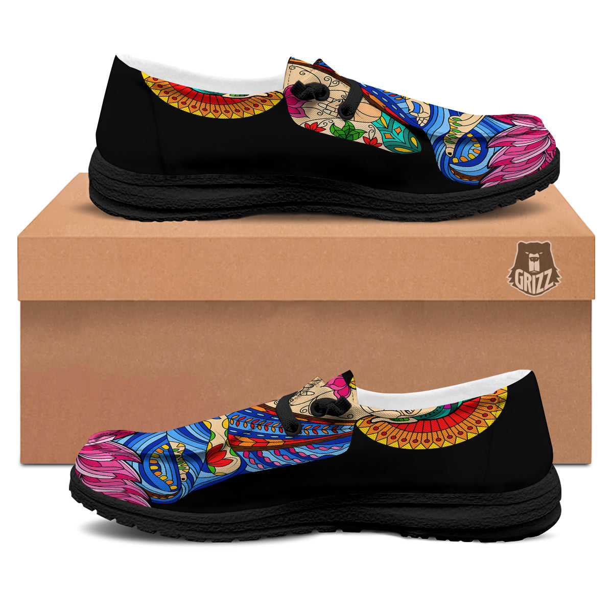 Lotus Buddha Colorful Print Black Loafers-grizzshop