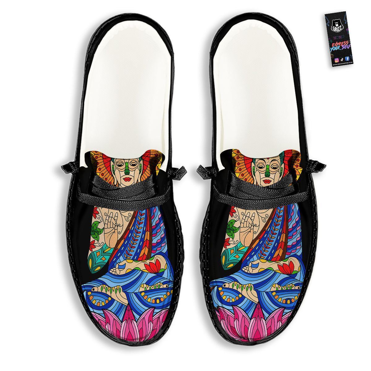 Lotus Buddha Colorful Print Black Loafers-grizzshop