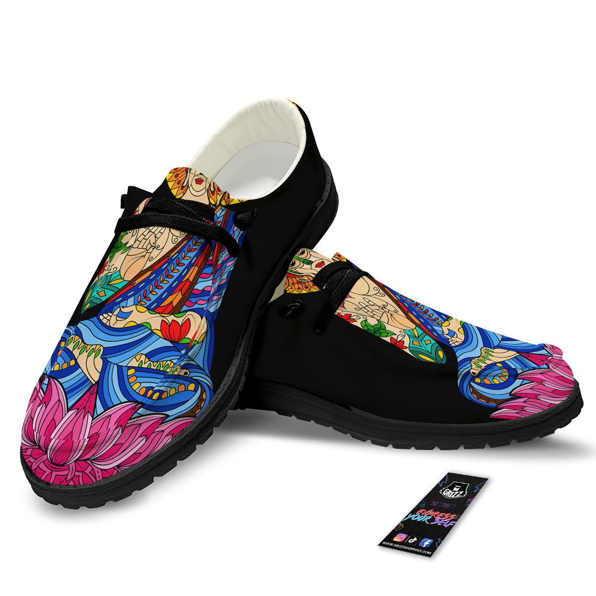 Lotus Buddha Colorful Print Black Loafers-grizzshop