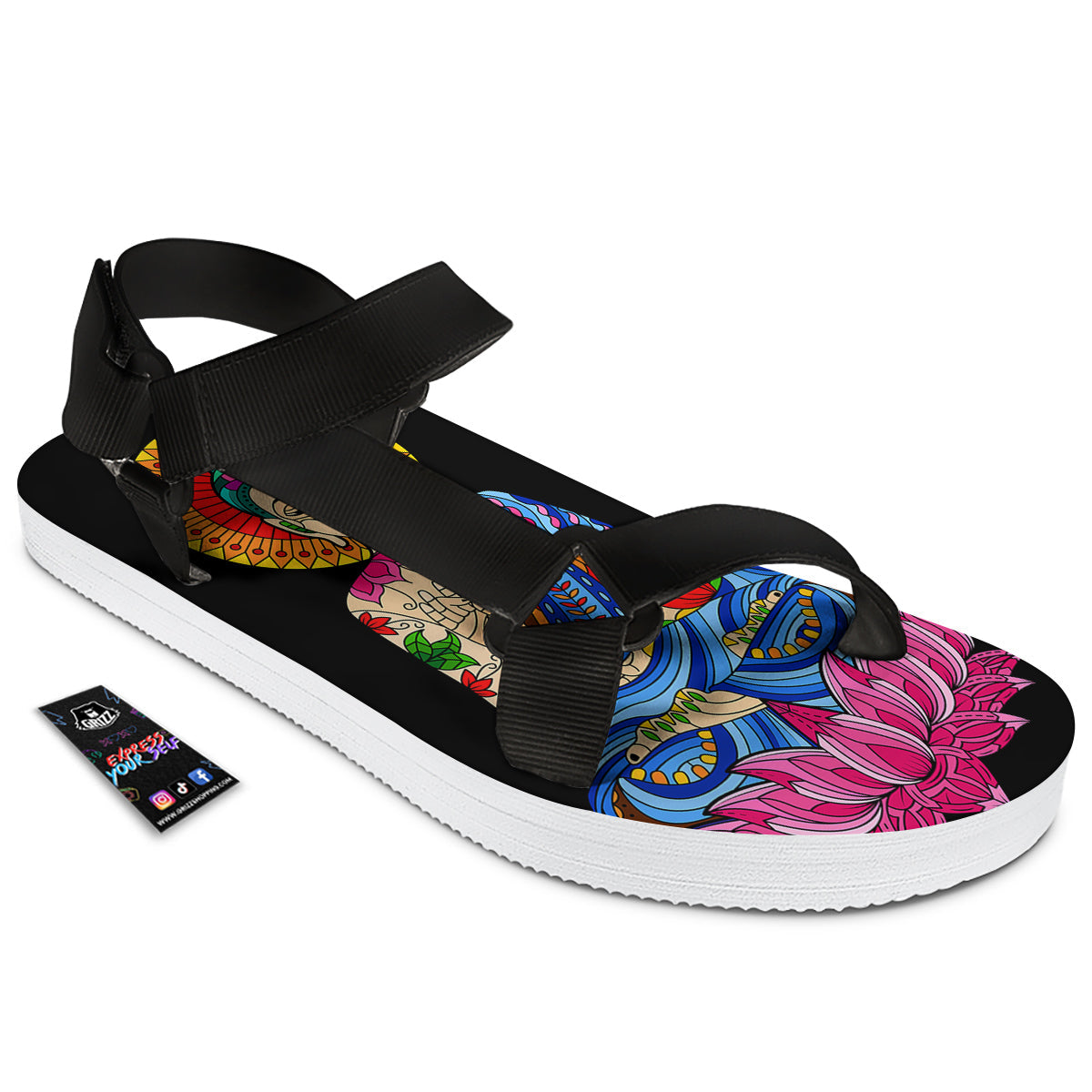 Lotus Buddha Colorful Print Black Open Toe Sandals-grizzshop