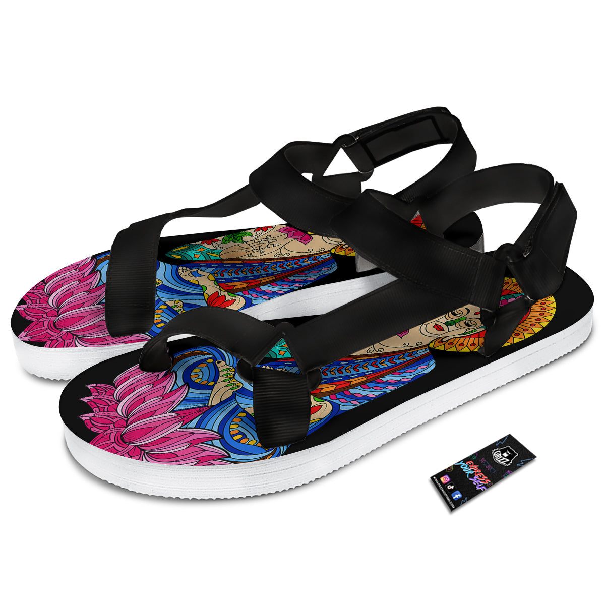 Lotus Buddha Colorful Print Black Open Toe Sandals-grizzshop