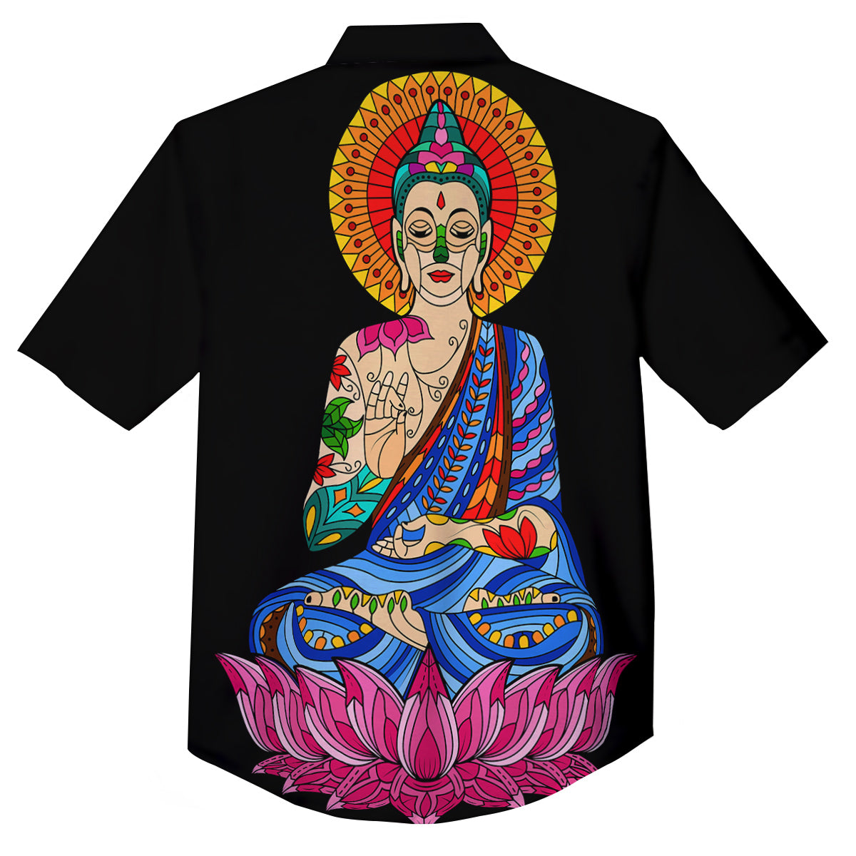Lotus Buddha Colorful Print Button Up Shirt-grizzshop