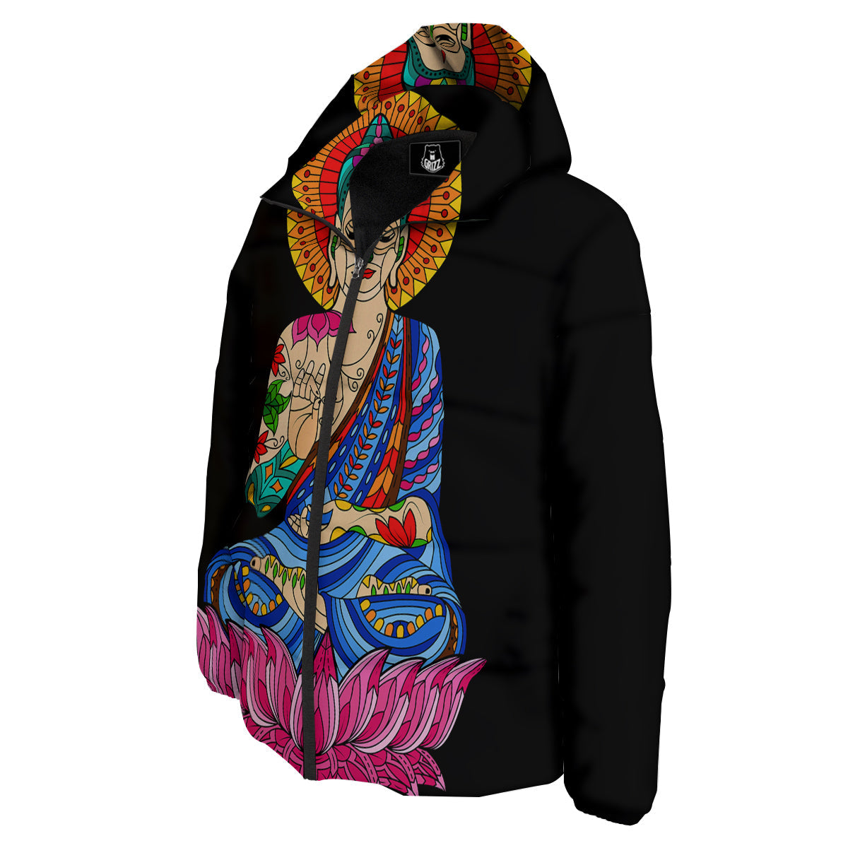 Lotus Buddha Colorful Print Down Jacket-grizzshop