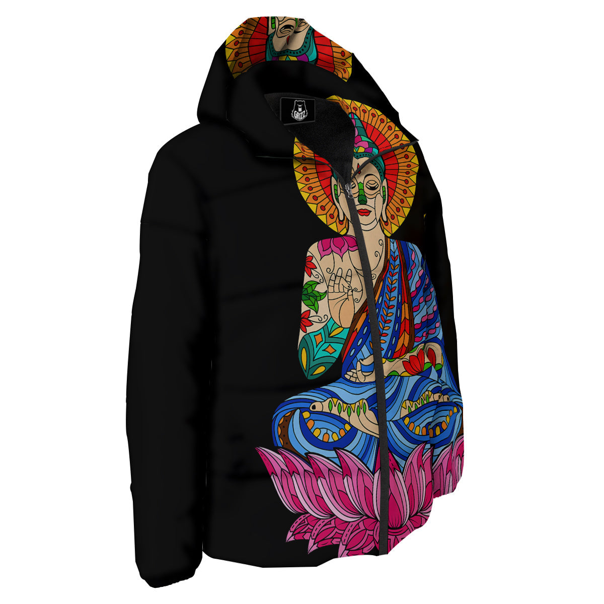 Lotus Buddha Colorful Print Down Jacket-grizzshop