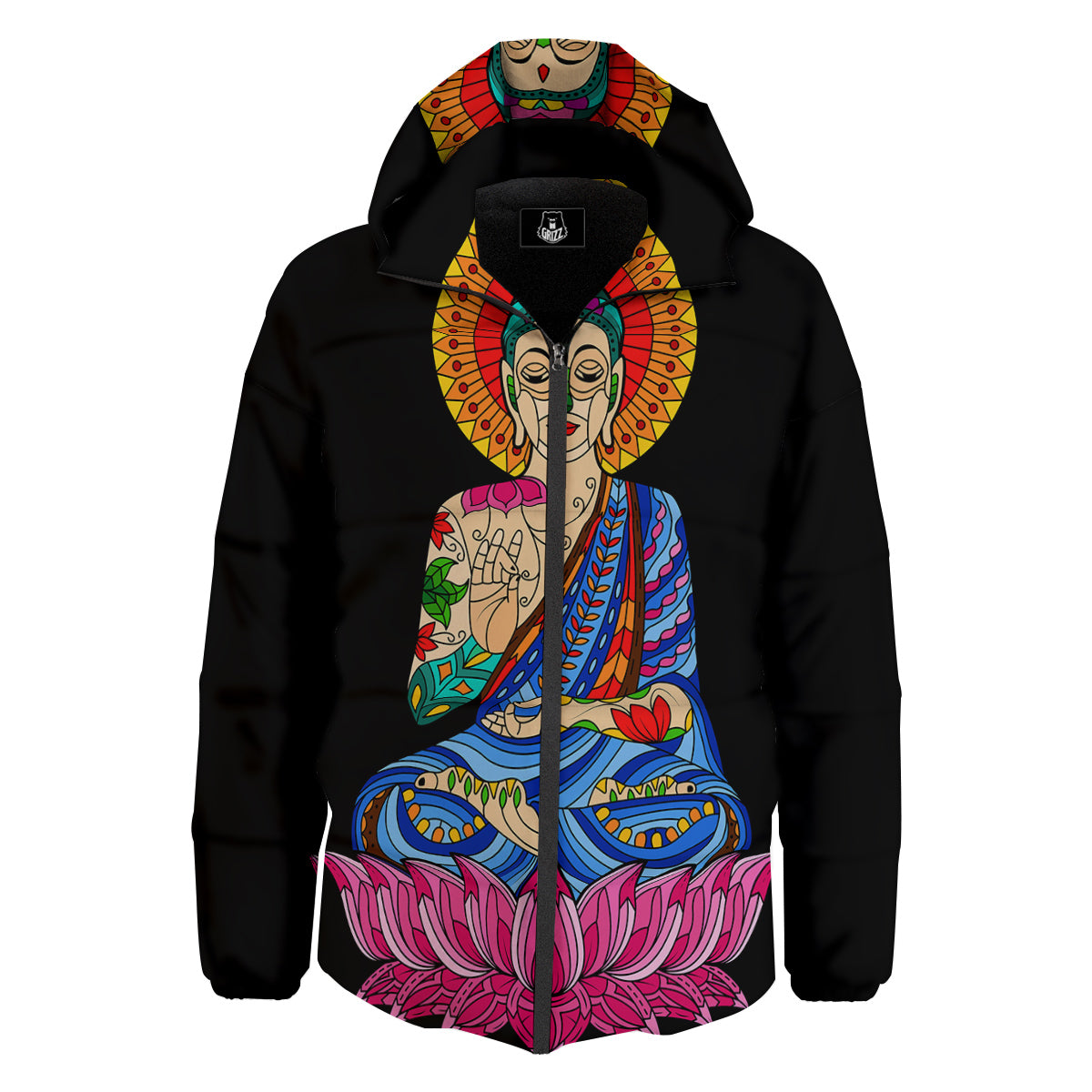 Lotus Buddha Colorful Print Down Jacket-grizzshop