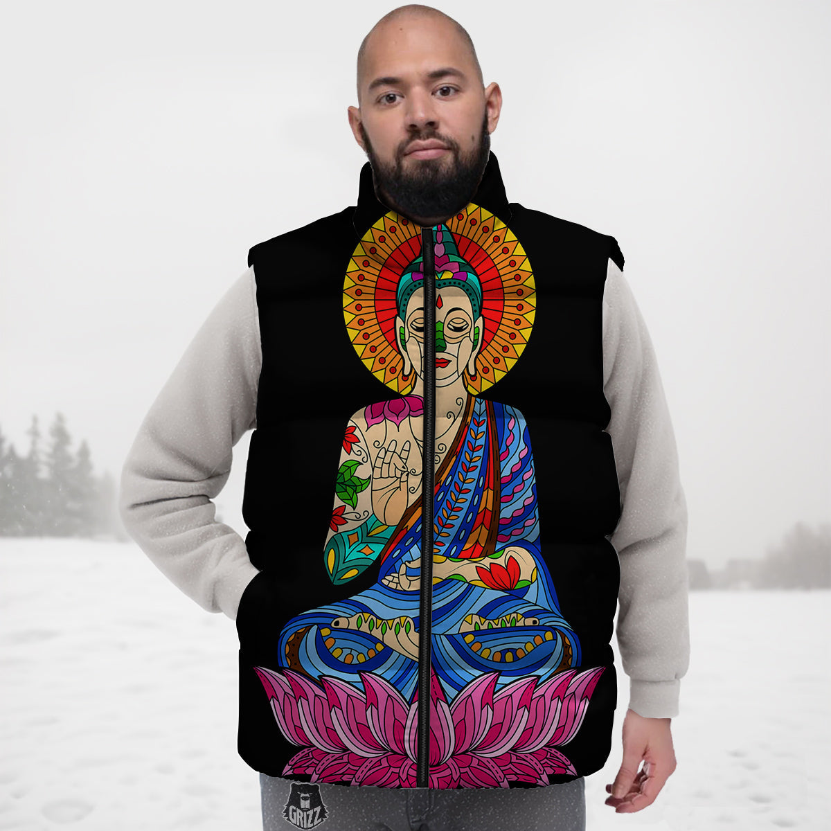 Lotus Buddha Colorful Print Down Vest
