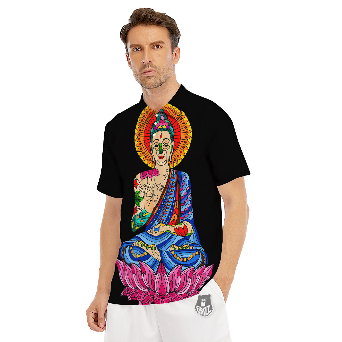 Lotus Buddha Colorful Print Men's Golf Shirts-grizzshop