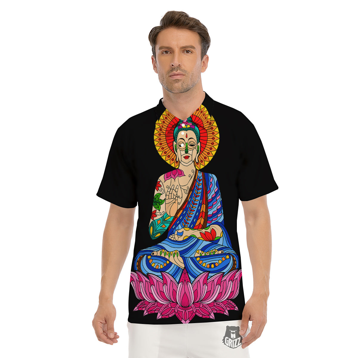 Lotus Buddha Colorful Print Men's Golf Shirts-grizzshop