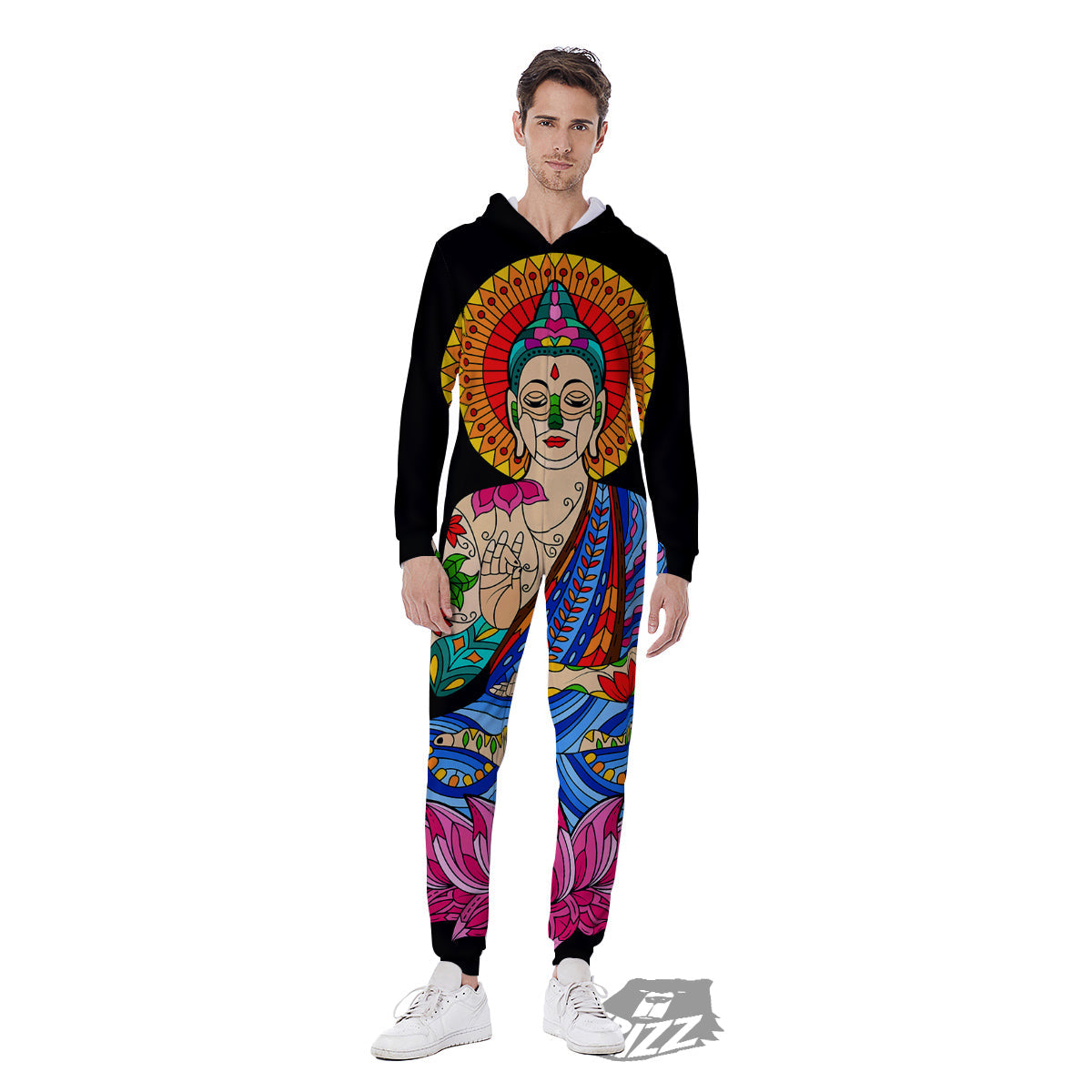 Lotus Buddha Colorful Print Men's Jumpsuit-grizzshop
