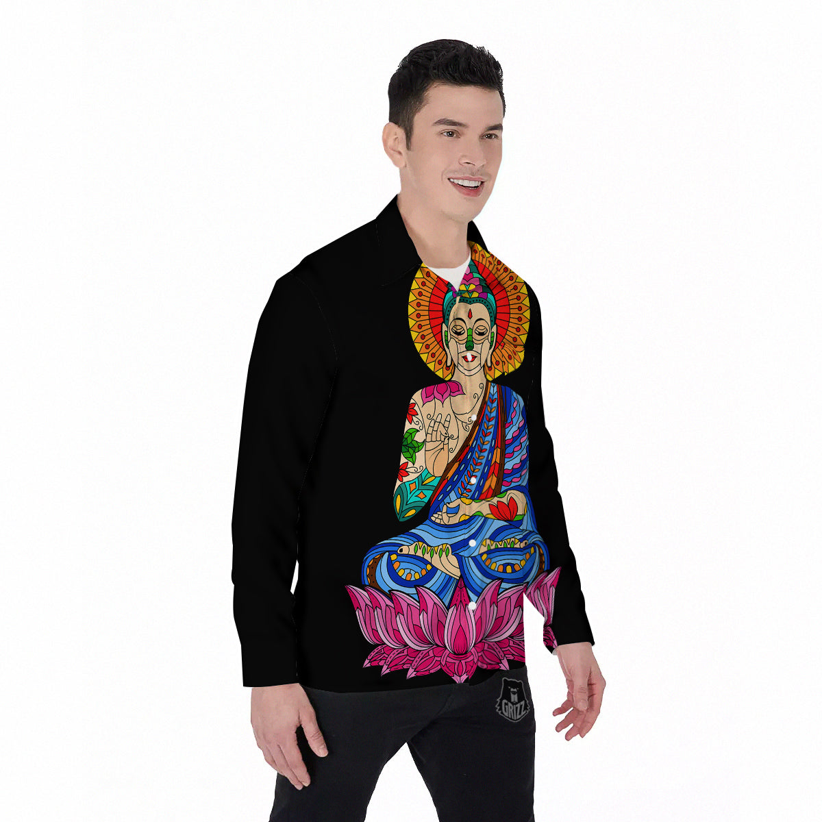 Lotus Buddha Colorful Print Men's Long Sleeve Shirts-grizzshop