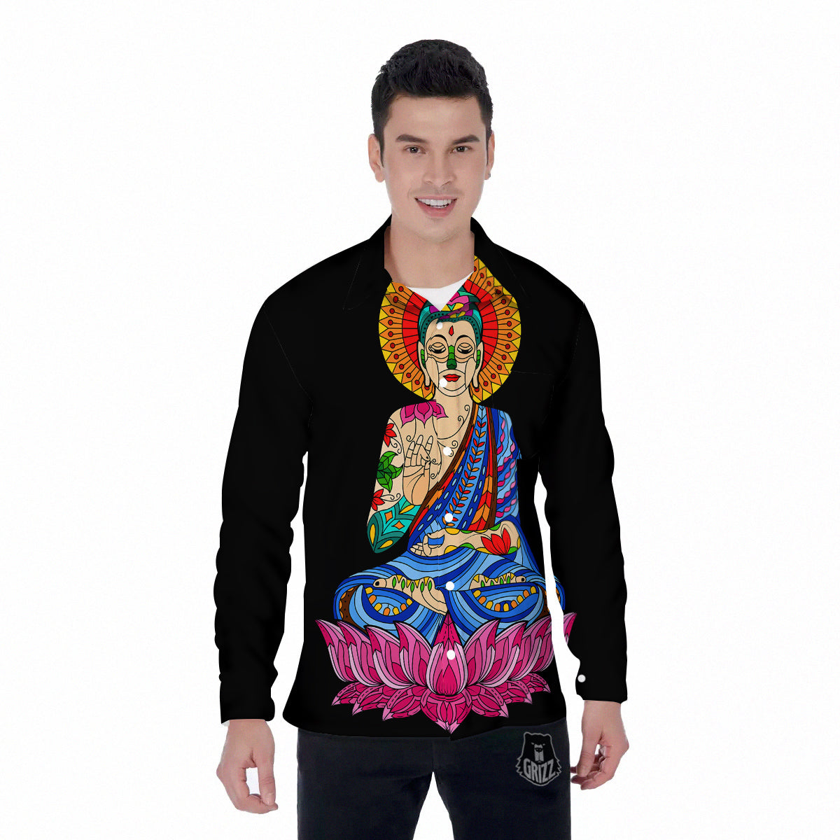 Lotus Buddha Colorful Print Men's Long Sleeve Shirts-grizzshop