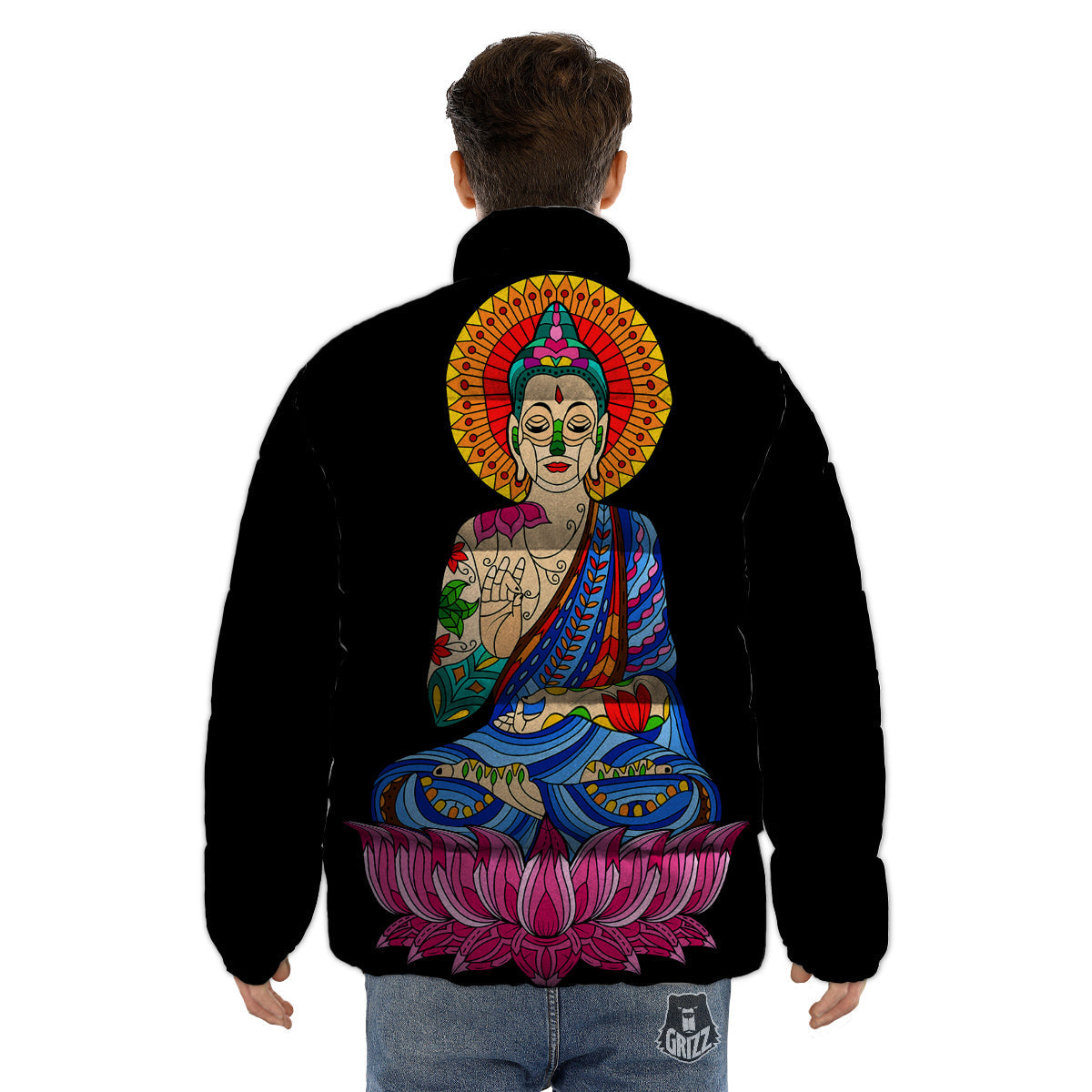 Lotus Buddha Colorful Print Puffer Jacket-grizzshop