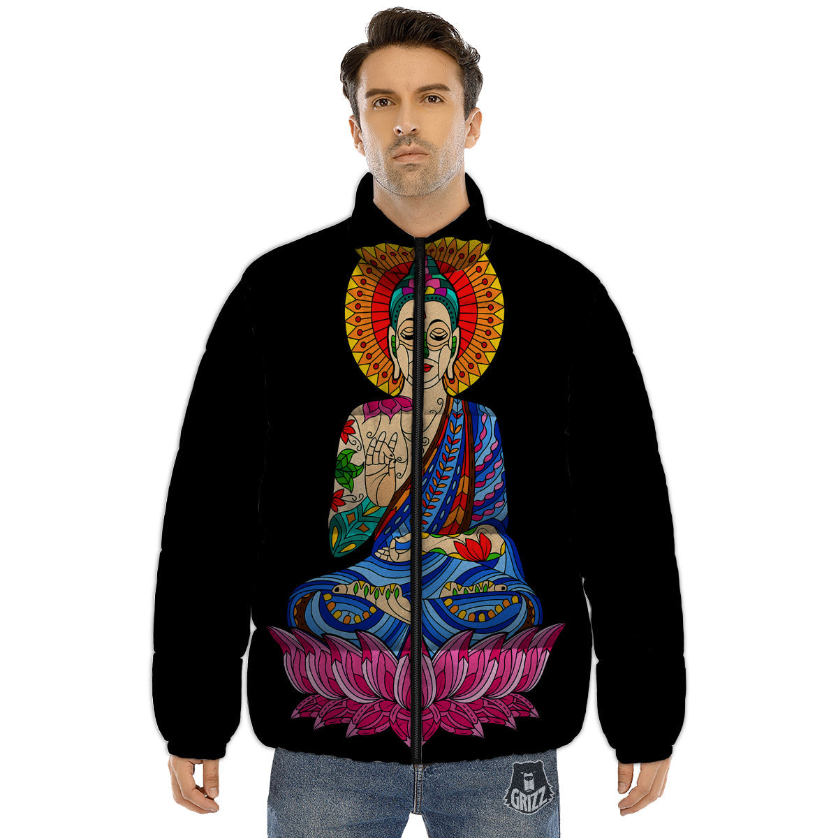 Lotus Buddha Colorful Print Puffer Jacket-grizzshop