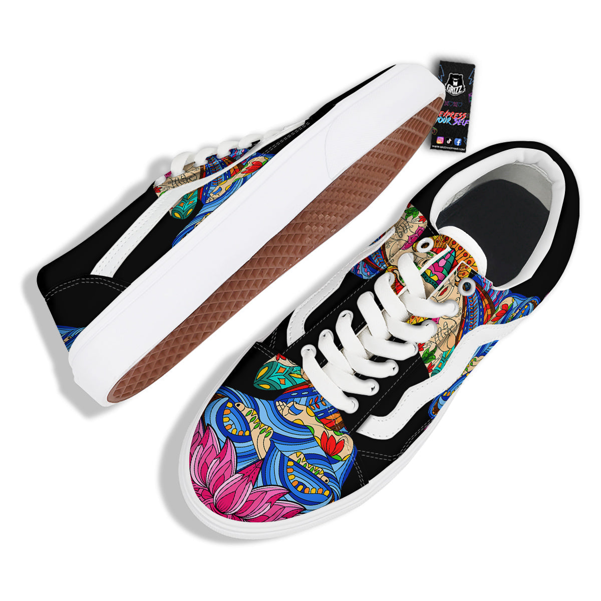 Lotus Buddha Colorful Print Skate Shoes-grizzshop