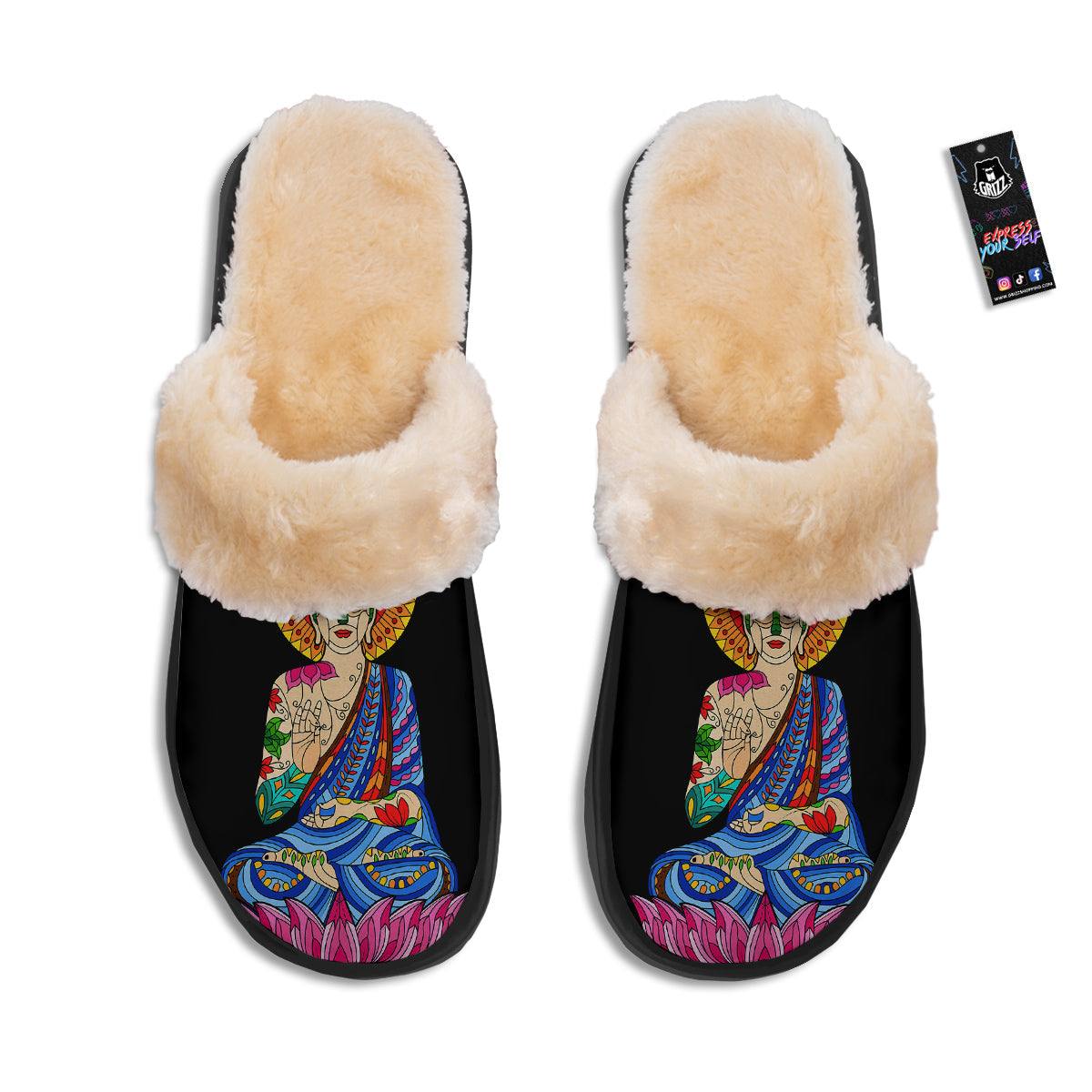 Lotus Buddha Colorful Print Slippers-grizzshop