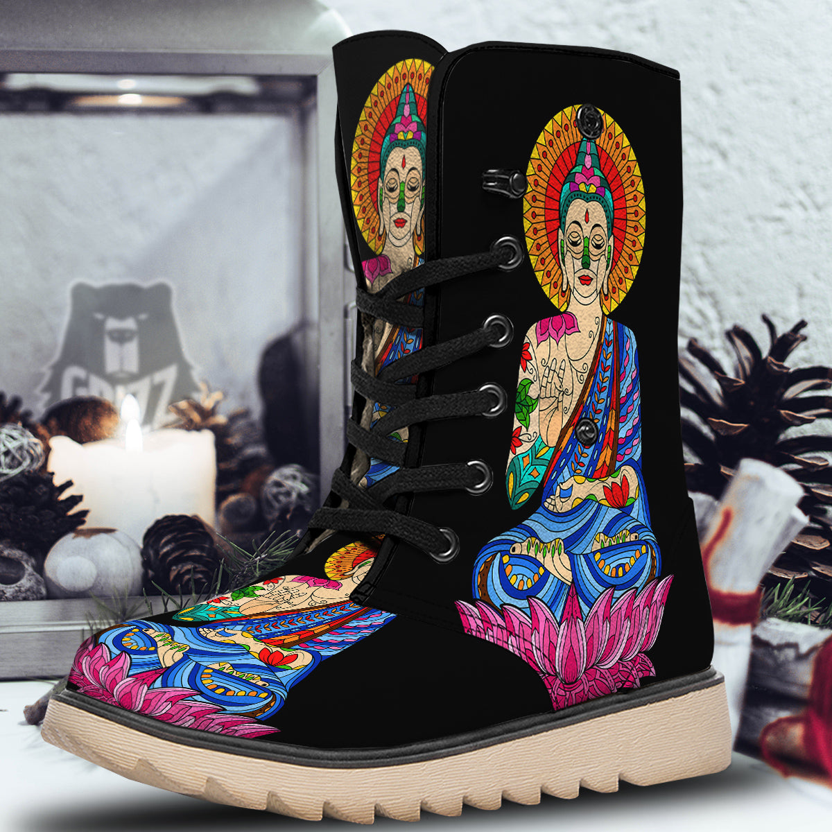 Lotus Buddha Colorful Print Snow Boots-grizzshop
