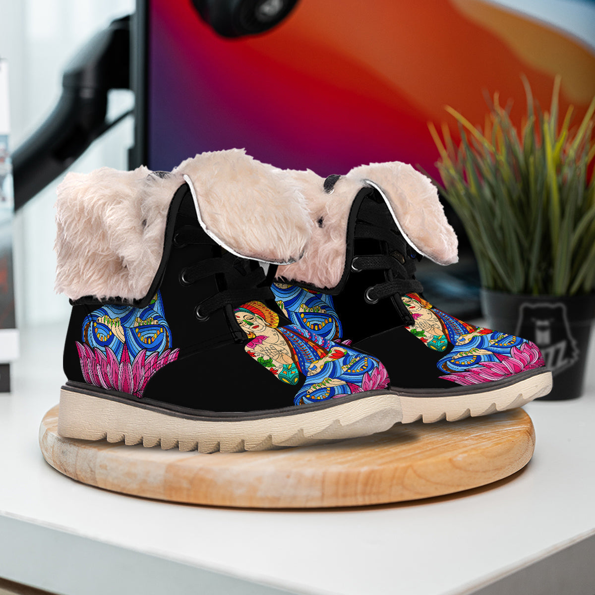 Lotus Buddha Colorful Print Snow Boots-grizzshop