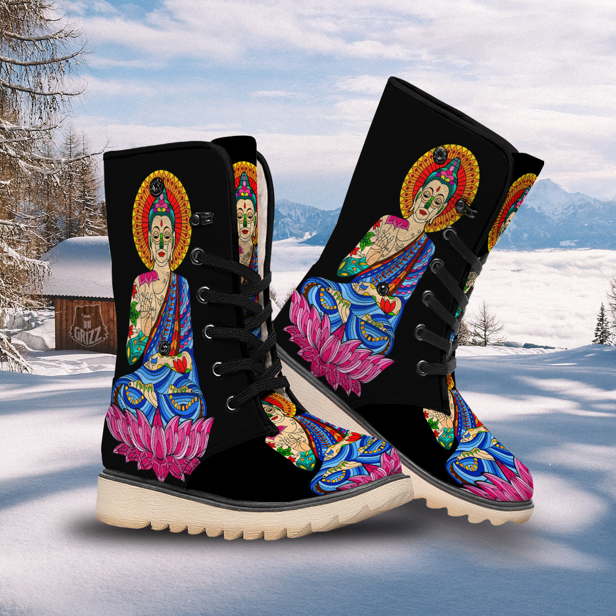 Lotus Buddha Colorful Print Snow Boots-grizzshop