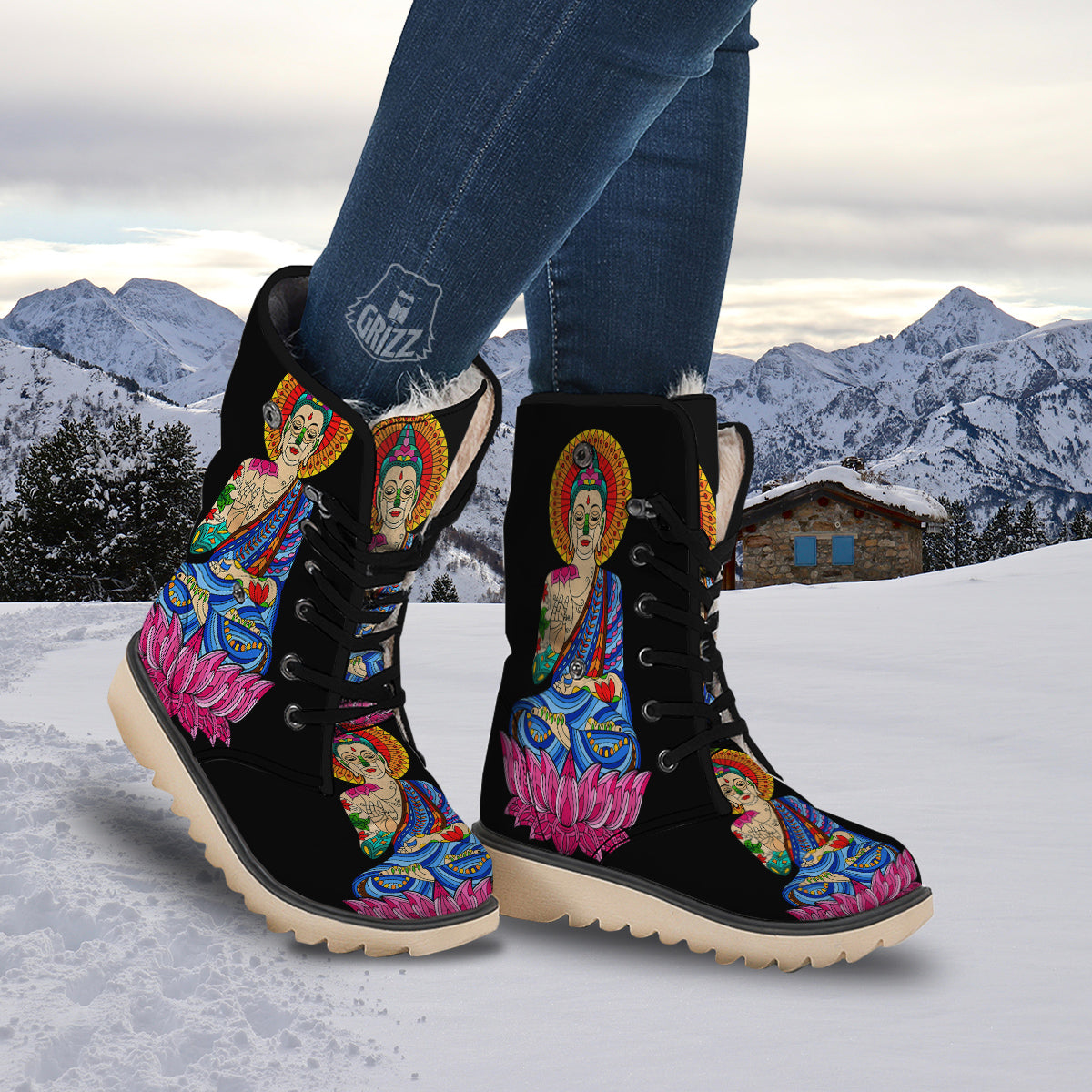 Lotus Buddha Colorful Print Snow Boots-grizzshop