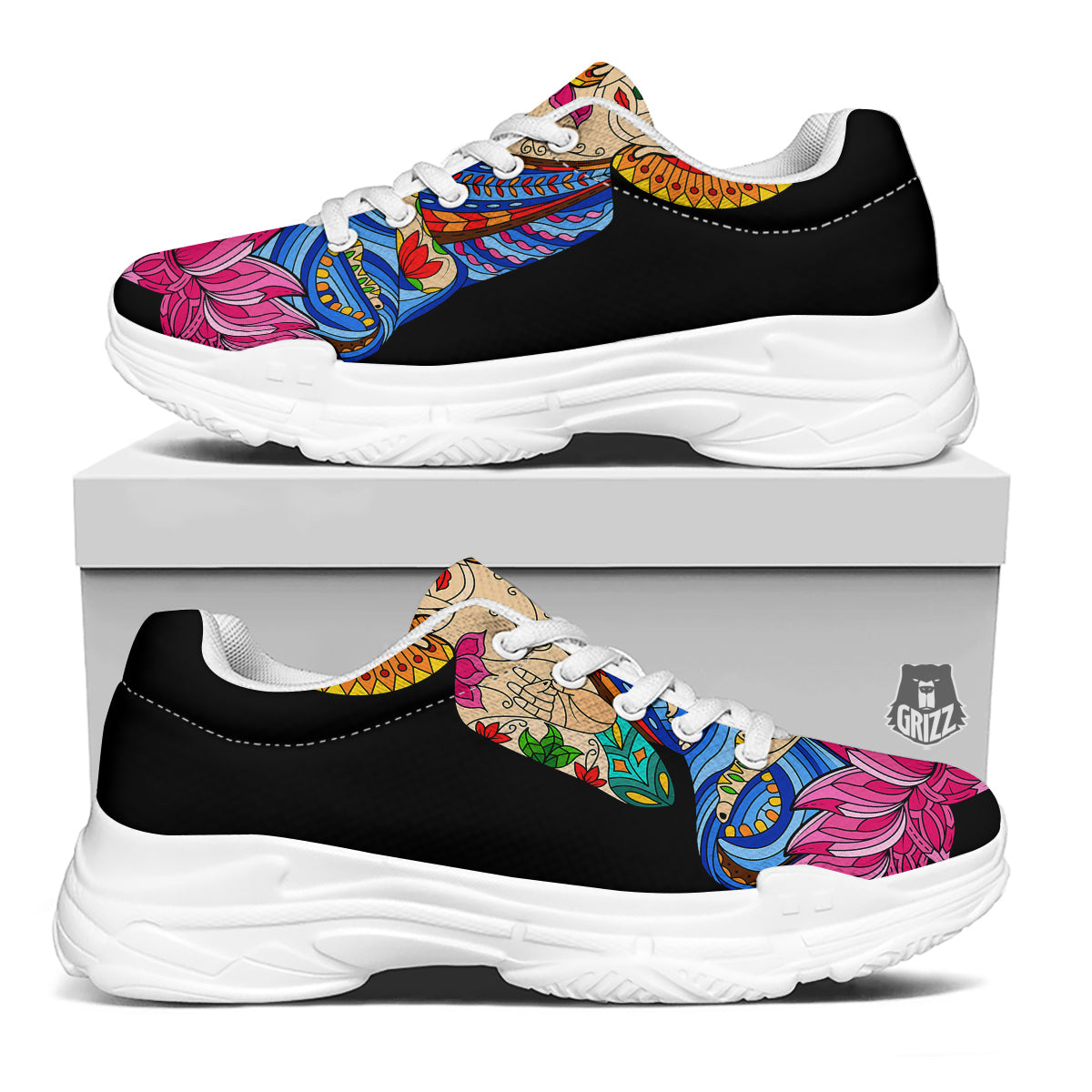 Lotus Buddha Colorful Print White Chunky Shoes-grizzshop