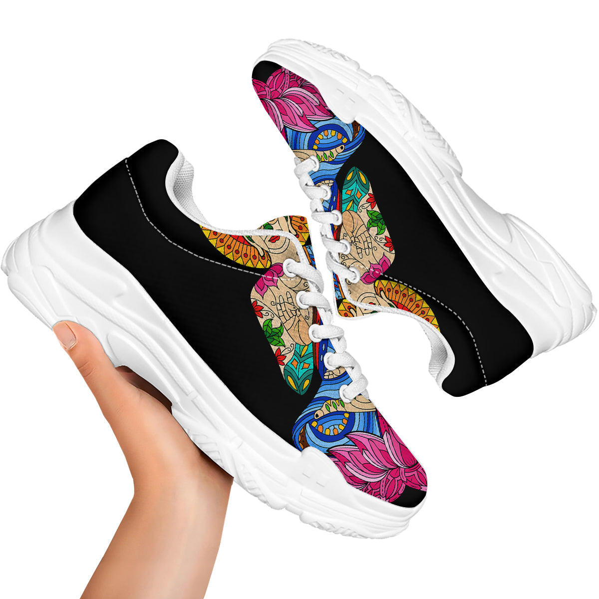 Lotus Buddha Colorful Print White Chunky Shoes-grizzshop
