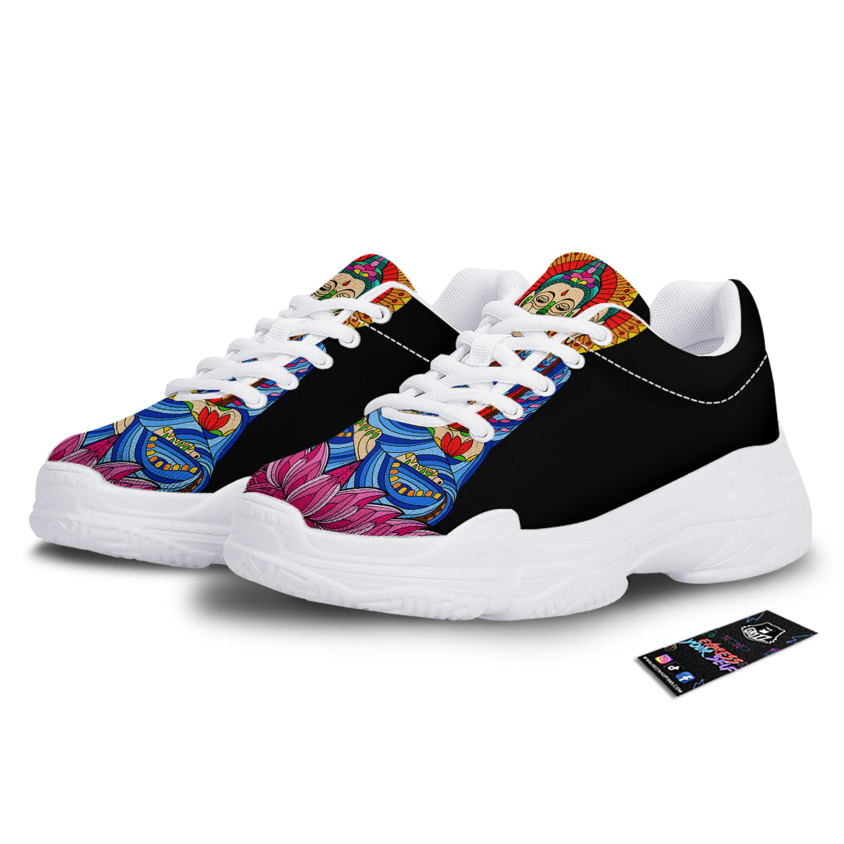 Lotus Buddha Colorful Print White Chunky Shoes-grizzshop
