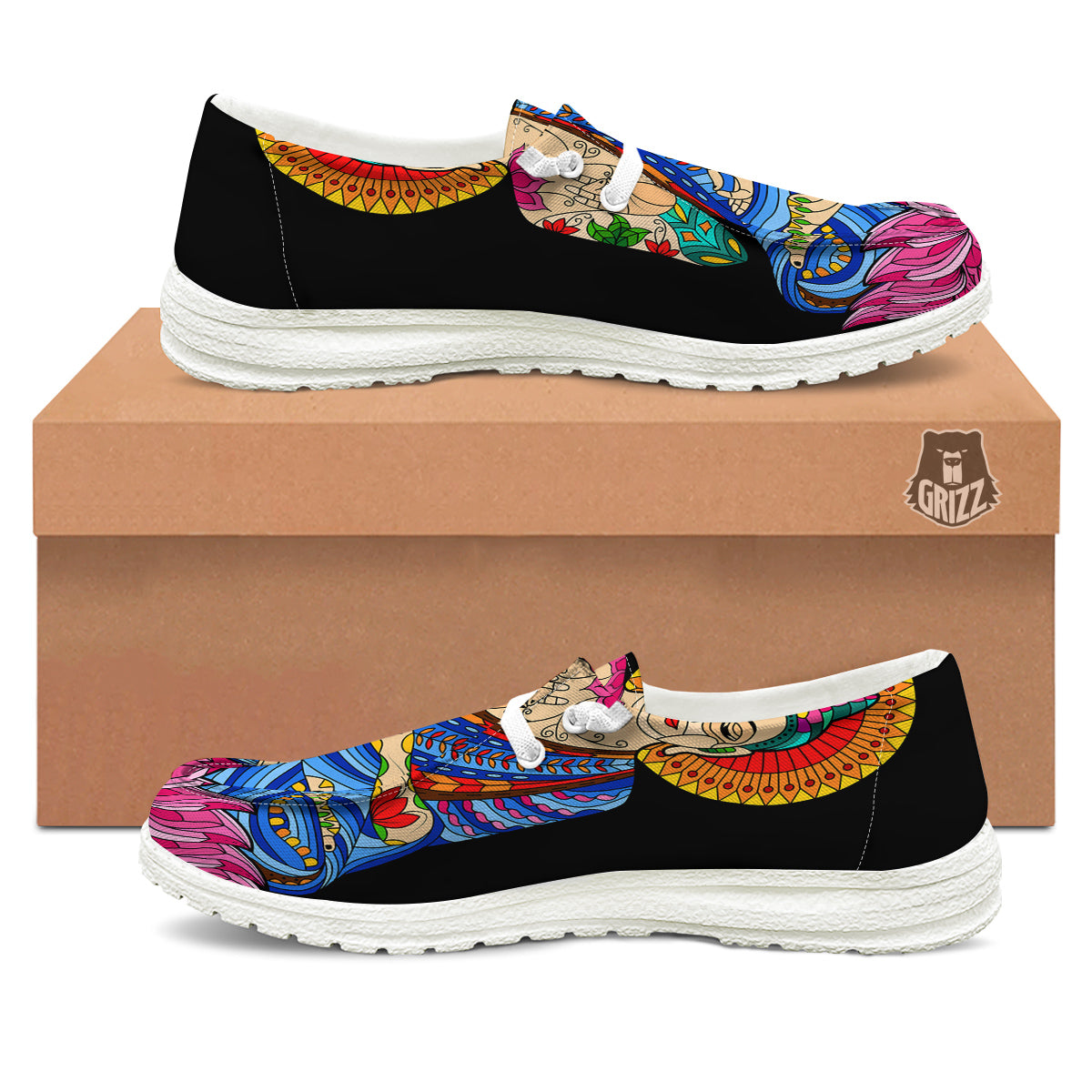 Lotus Buddha Colorful Print White Loafers-grizzshop