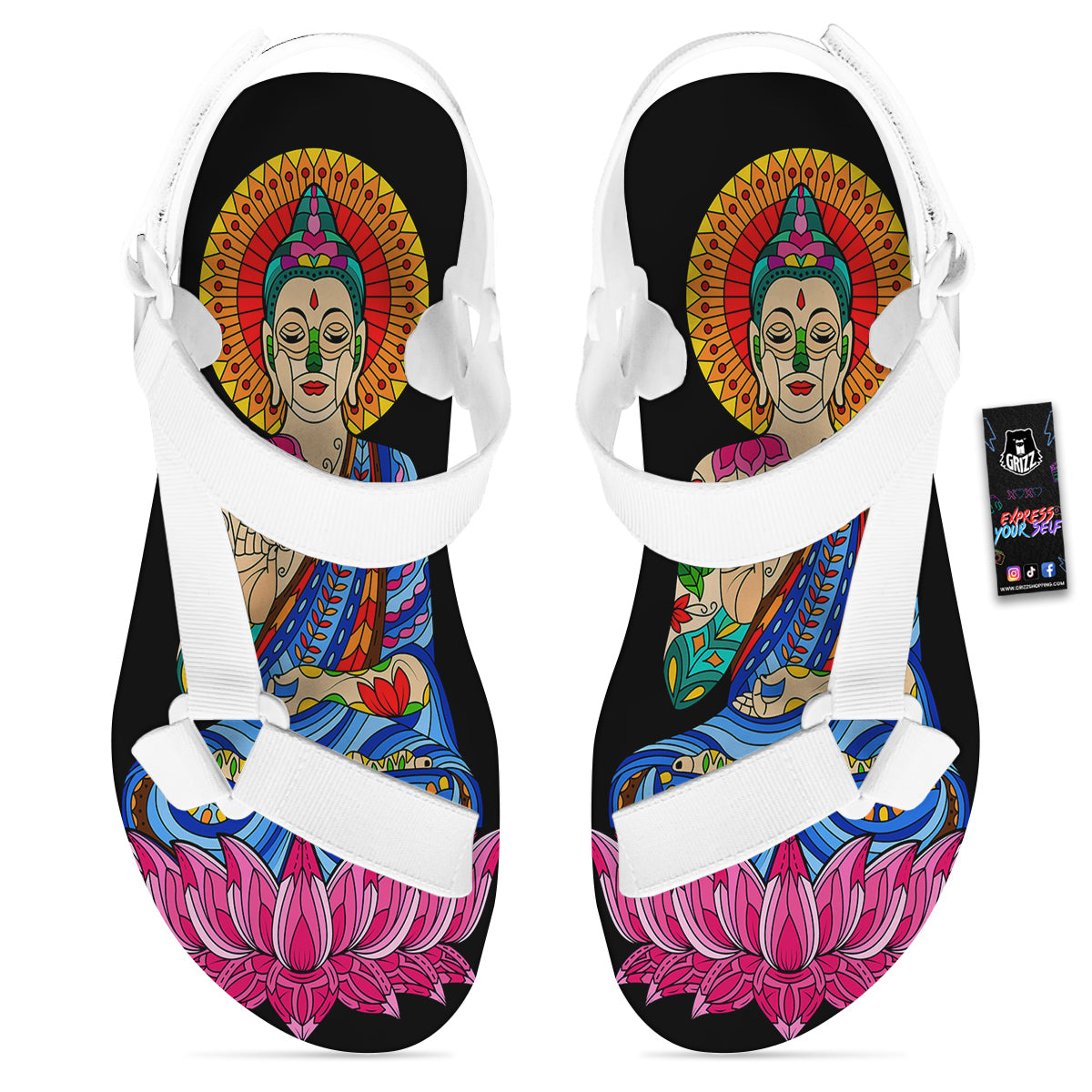 Lotus Buddha Colorful Print White Open Toe Sandals-grizzshop