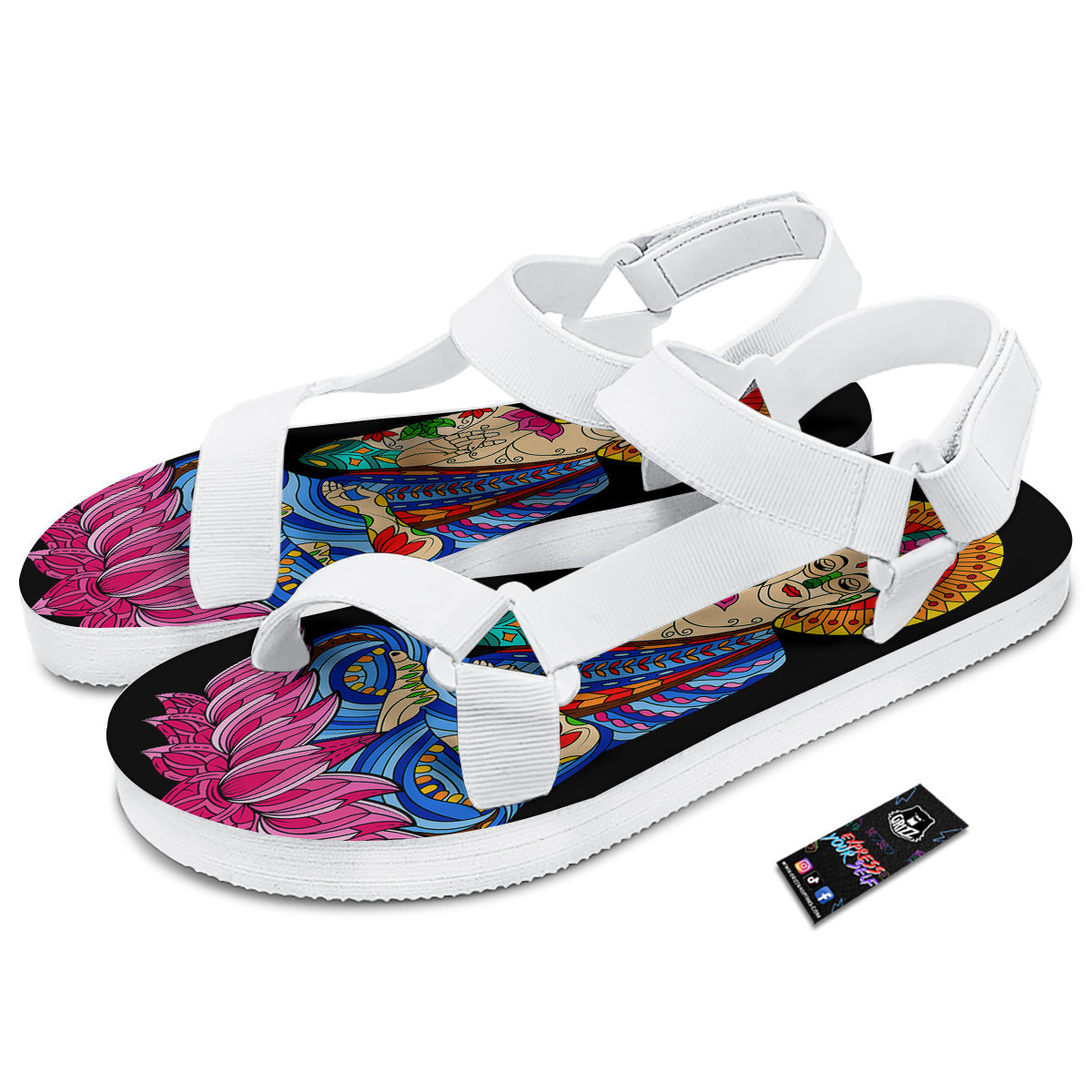 Lotus Buddha Colorful Print White Open Toe Sandals-grizzshop