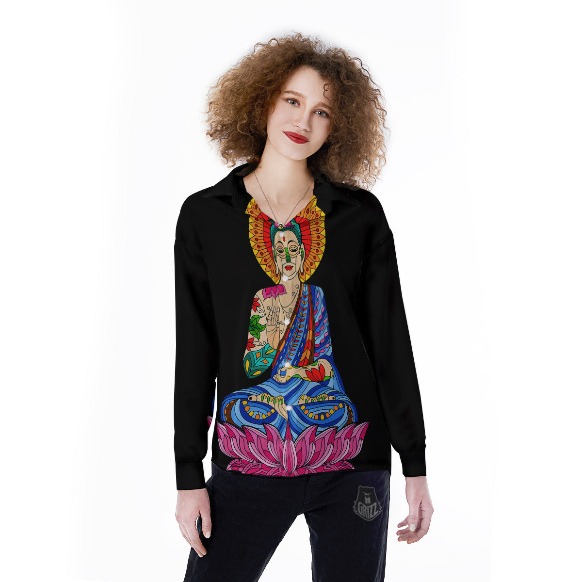 Lotus Buddha Colorful Print Women's Long Sleeve Shirts-grizzshop
