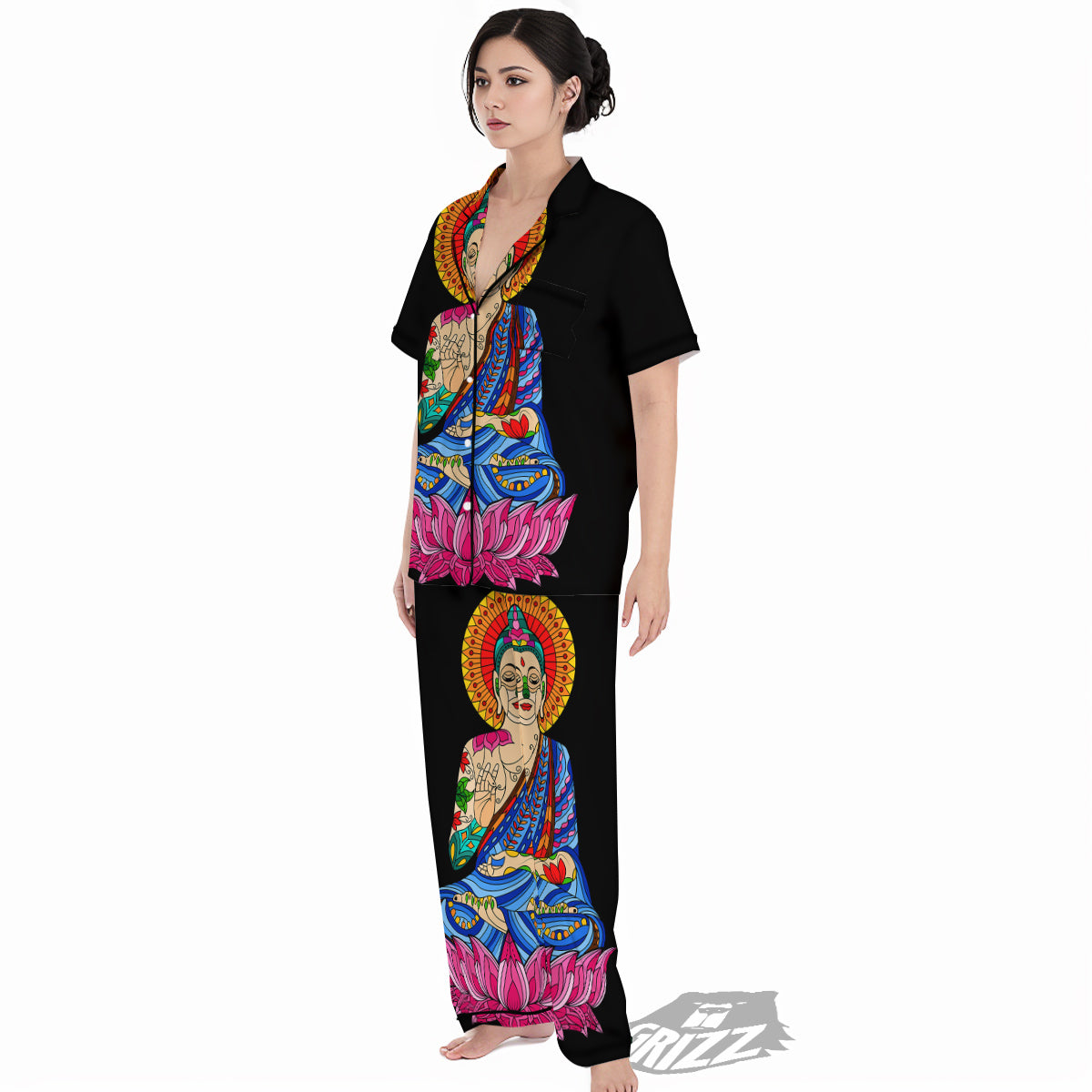Lotus Buddha Colorful Print Women's Pajamas Set-grizzshop