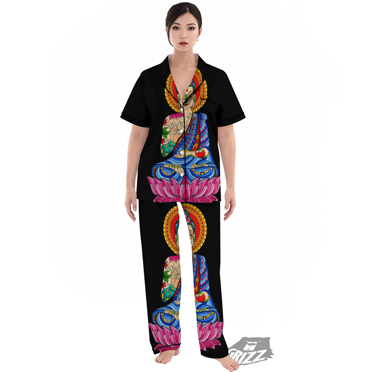 Lotus Buddha Colorful Print Women's Pajamas Set-grizzshop