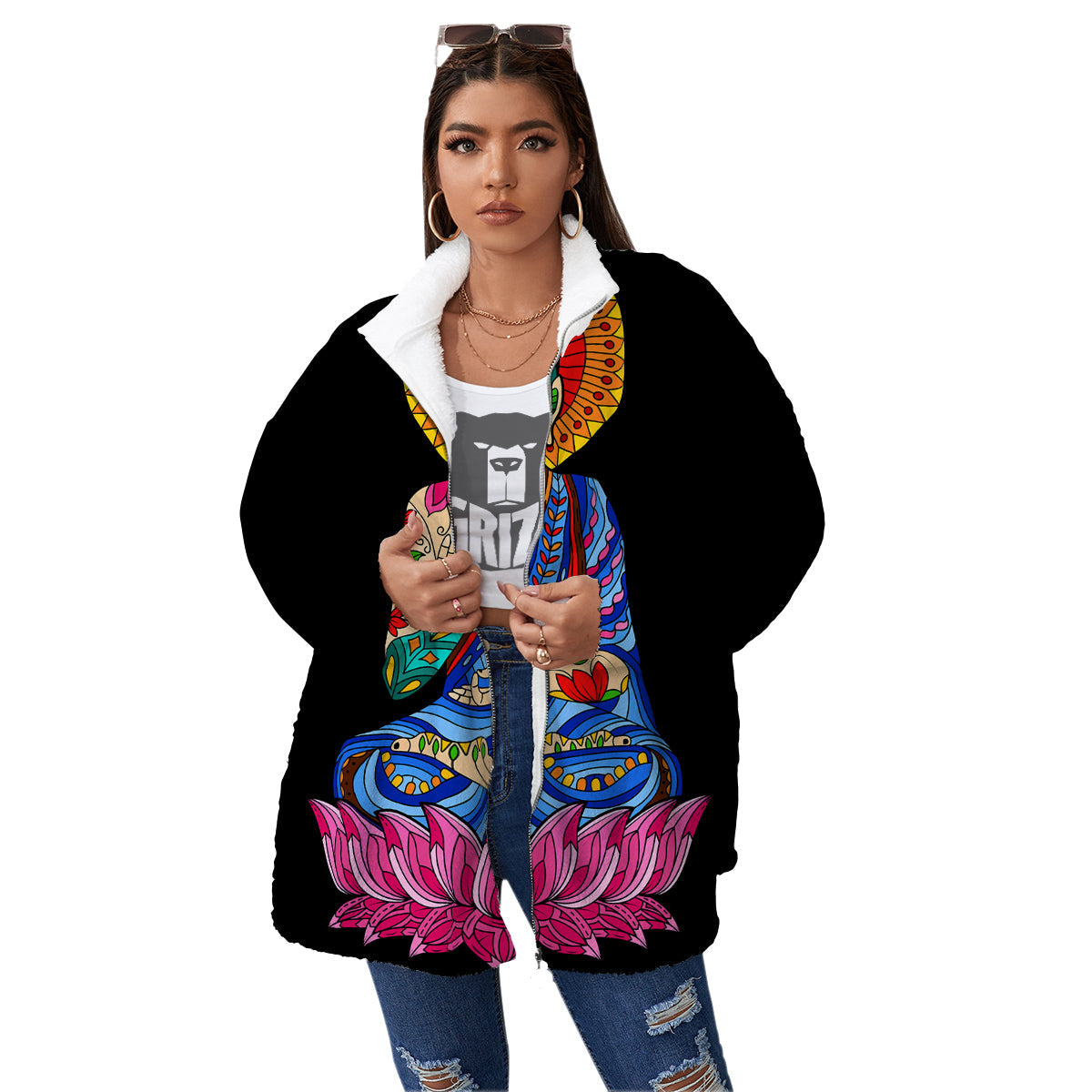 Lotus Buddha Colorful Print Women's Sherpa Jacket-grizzshop