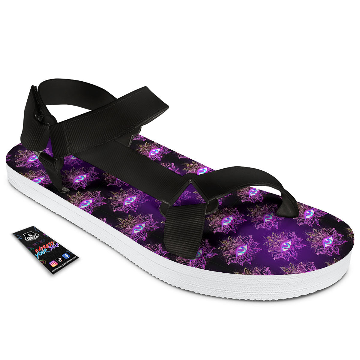 Lotus Eye Of Providence Print Pattern Black Open Toe Sandals-grizzshop