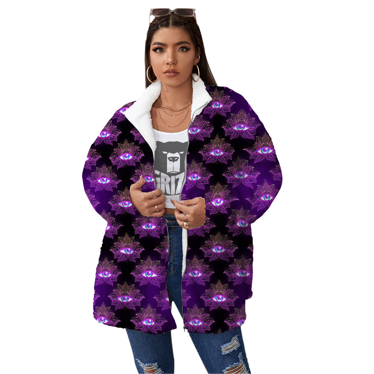 Lotus Eye Of Providence Print Pattern Women's Sherpa Jacket-grizzshop