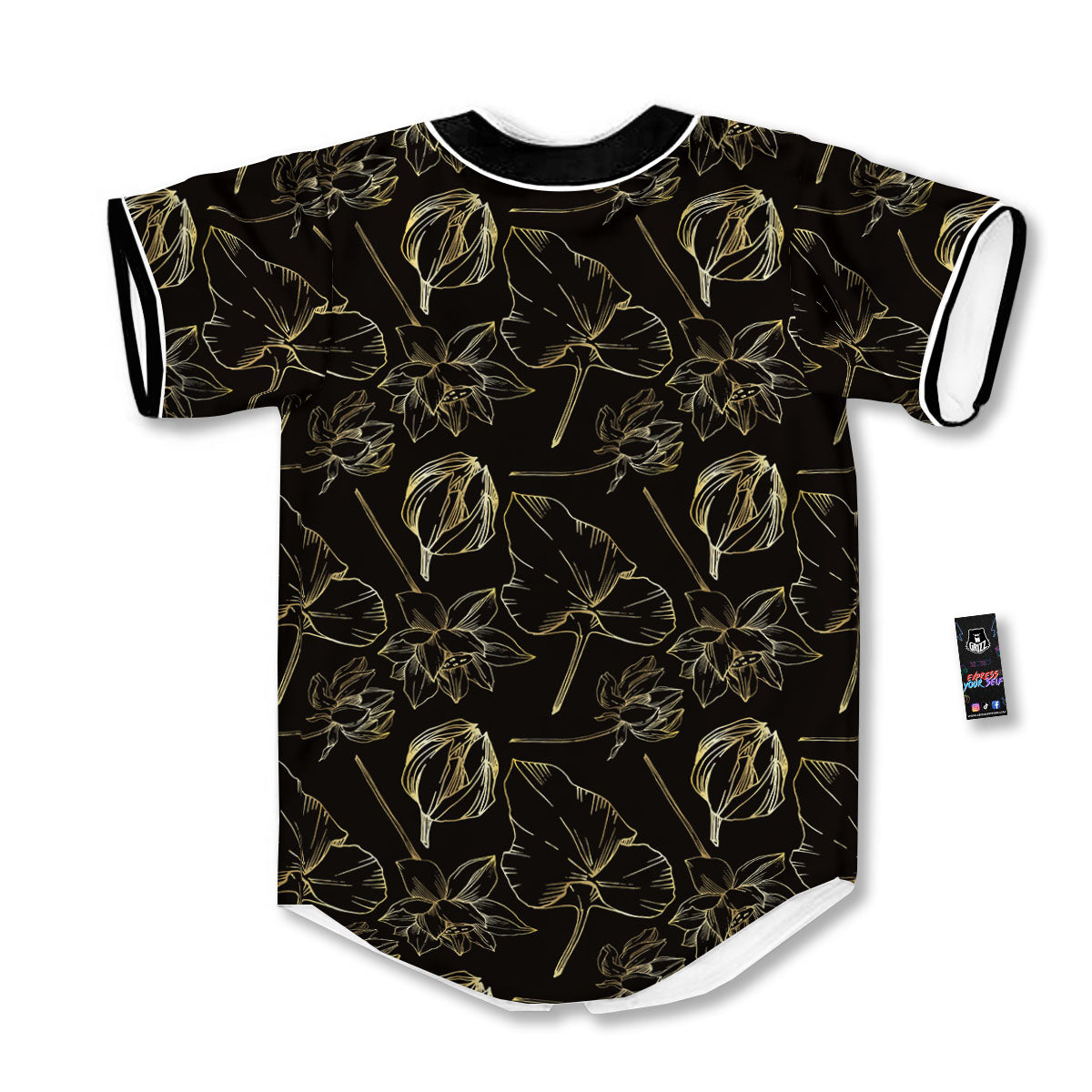 Lotus Flower Gold And Black Print Baseball Jersey-grizzshop