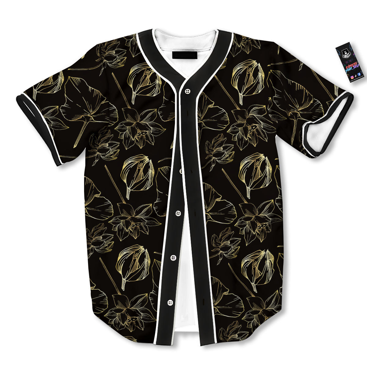 Lotus Flower Gold And Black Print Baseball Jersey-grizzshop