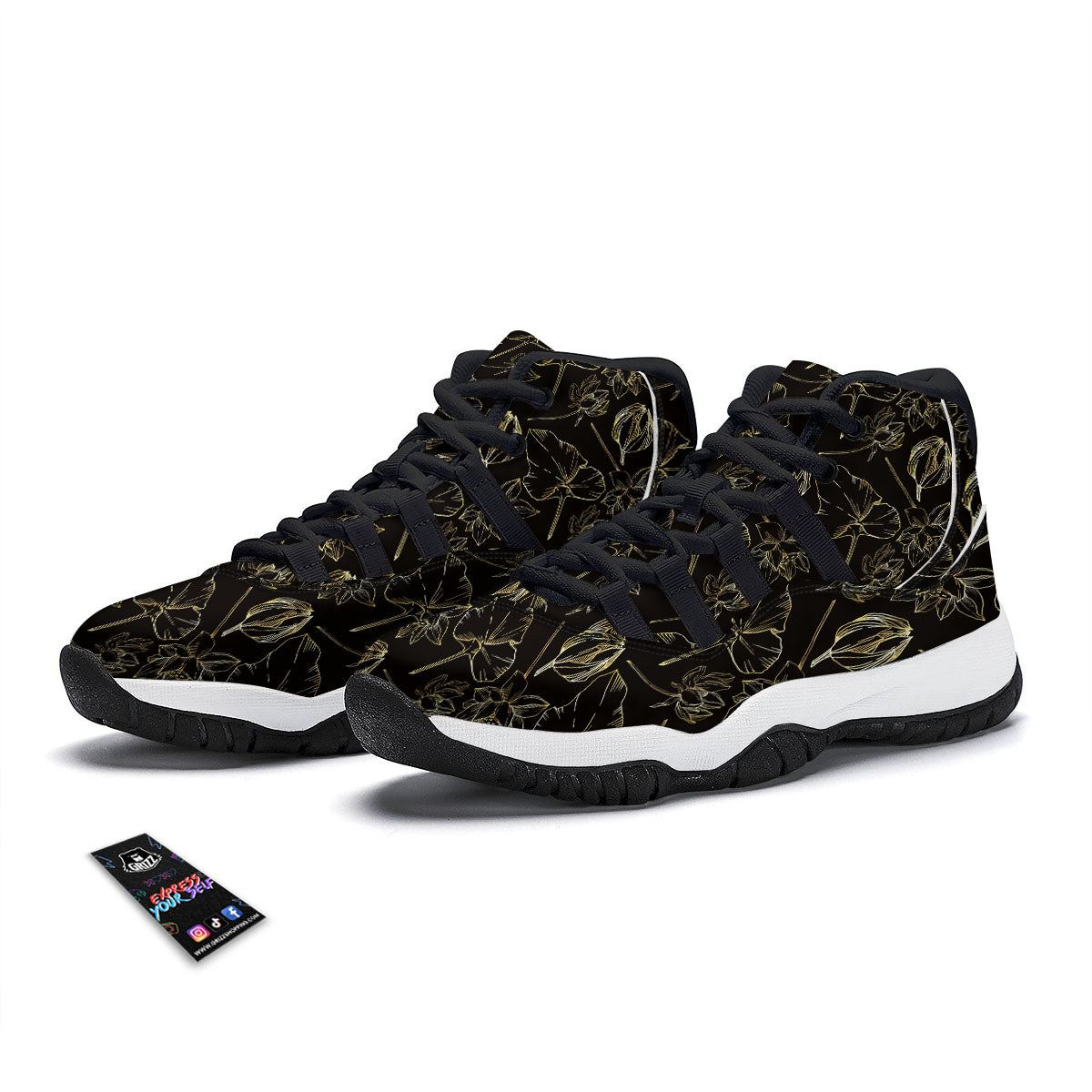 Lotus Flower Gold And Black Print Black Bball Shoes-grizzshop