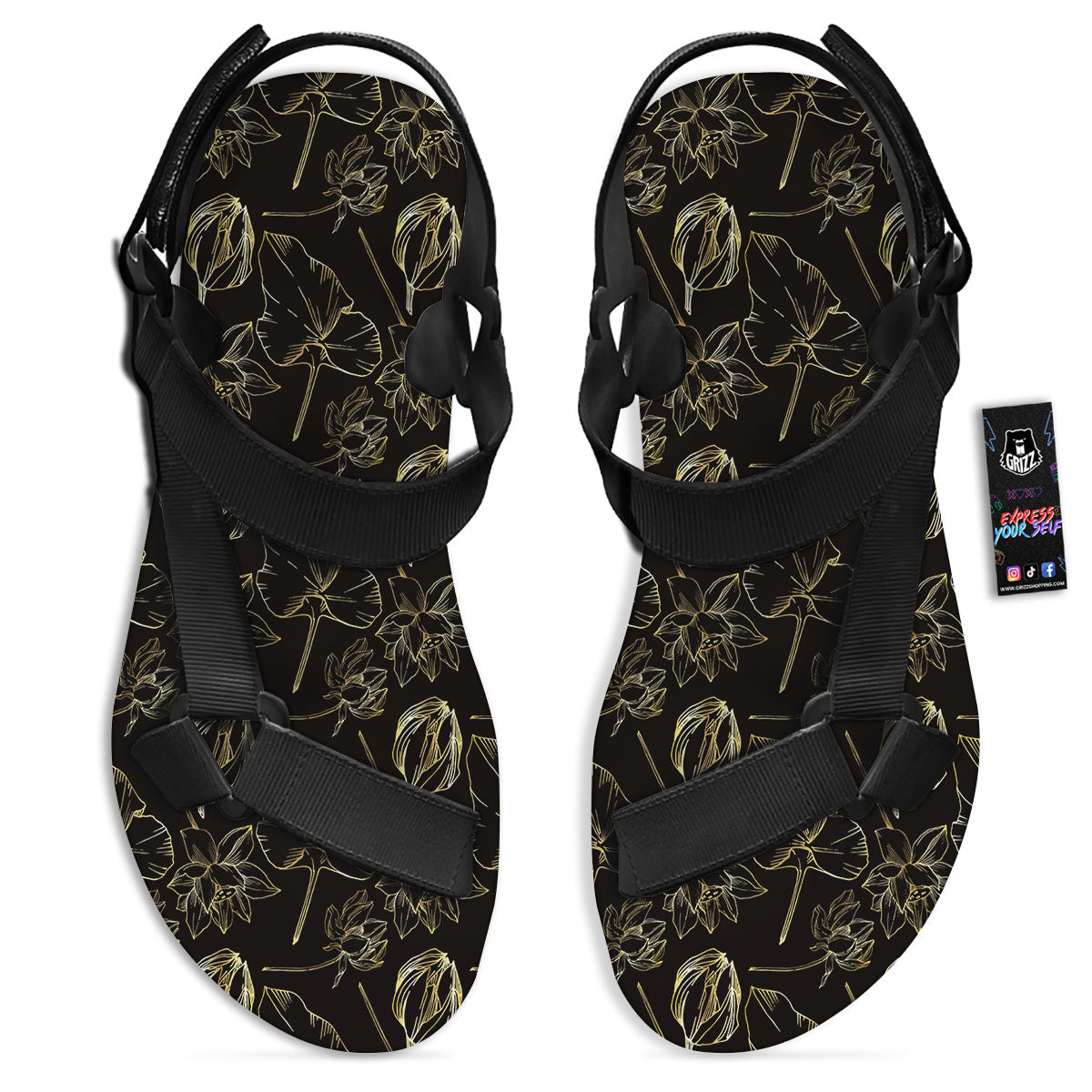Lotus Flower Gold And Black Print Black Open Toe Sandals-grizzshop