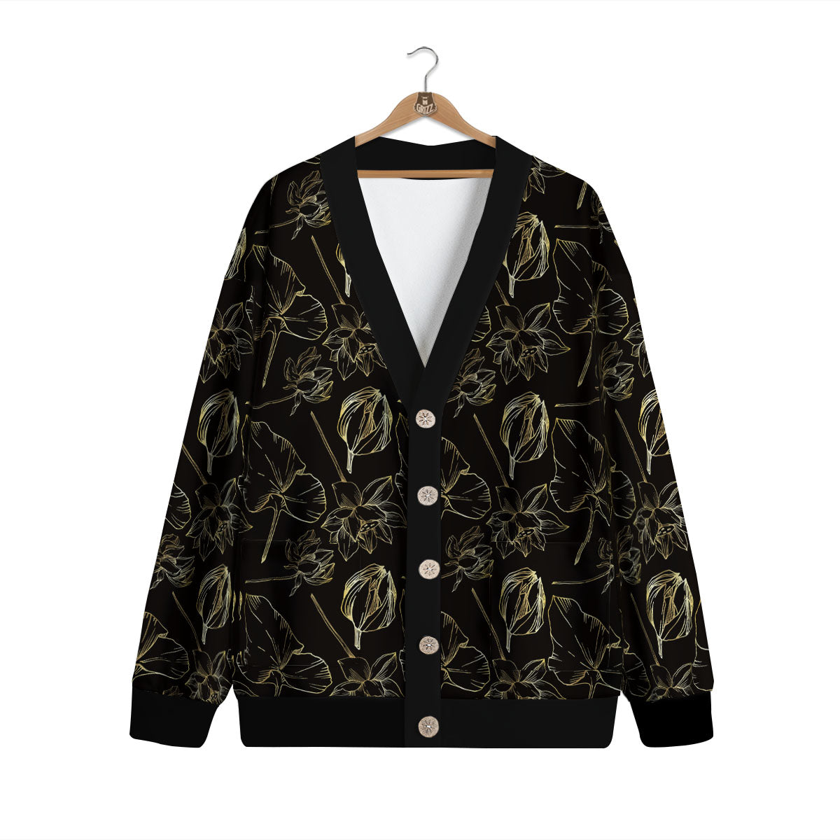Lotus Flower Gold And Black Print Cardigan-grizzshop