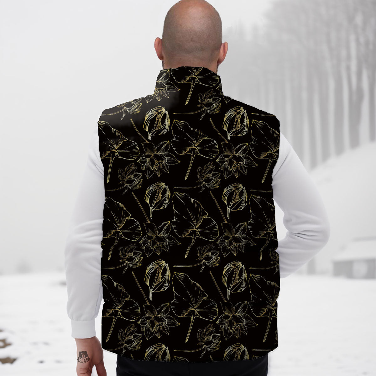 Lotus Flower Gold And Black Print Down Vest