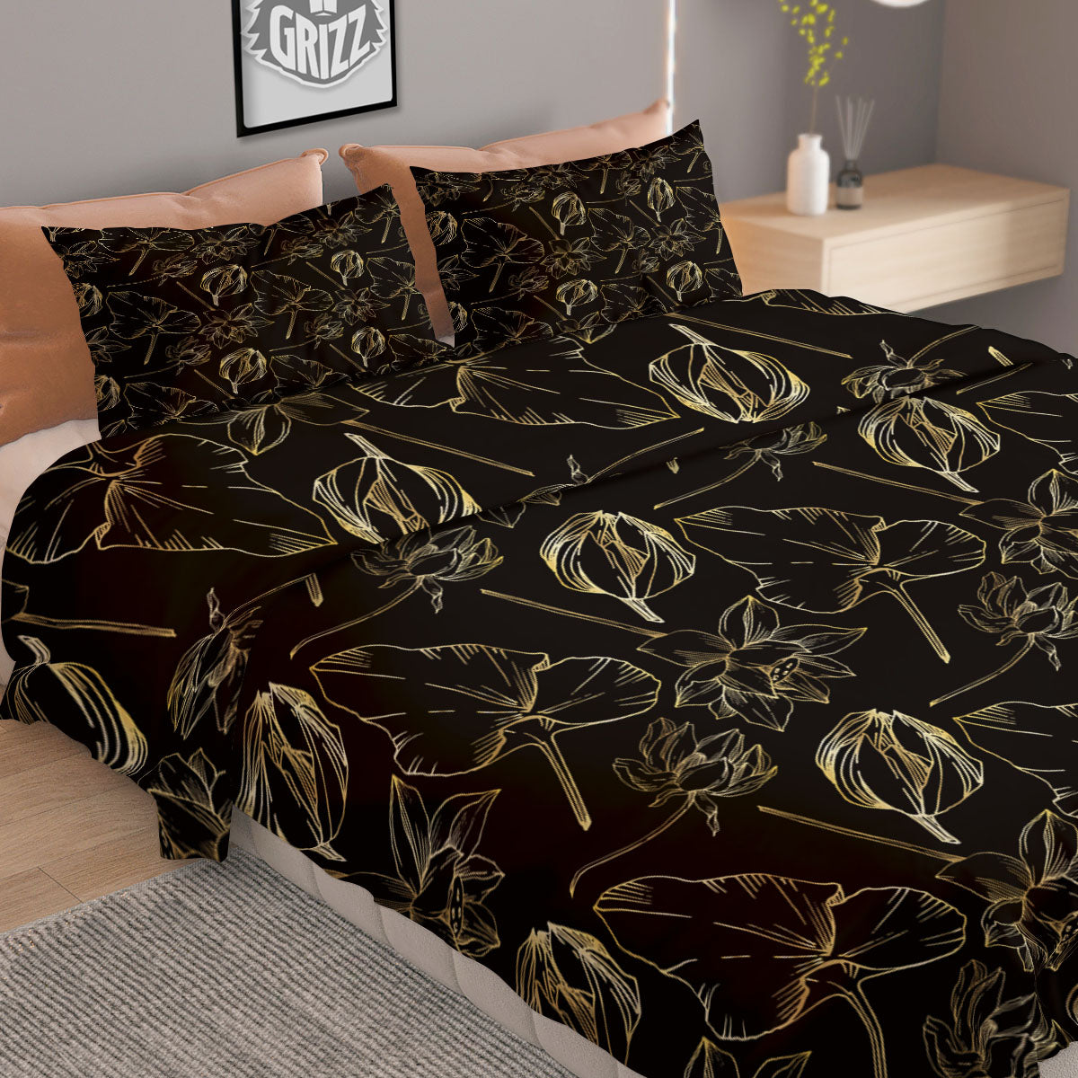 Lotus Flower Gold And Black Print Duvet Cover Bedding Set