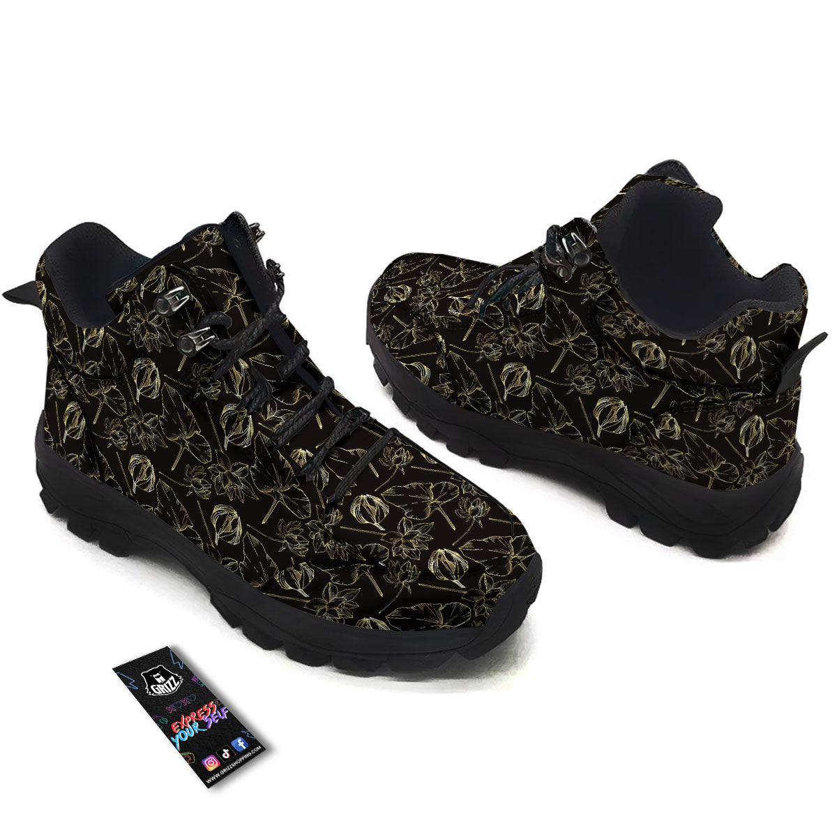 Lotus Flower Gold And Black Print Hiking Shoes-grizzshop